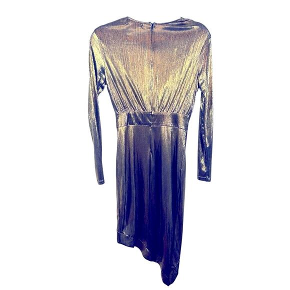 Lulu’s Metallic Gold Party Dress Small Semi Sheer Faux Wrap Night Out - Picture 9 of 14